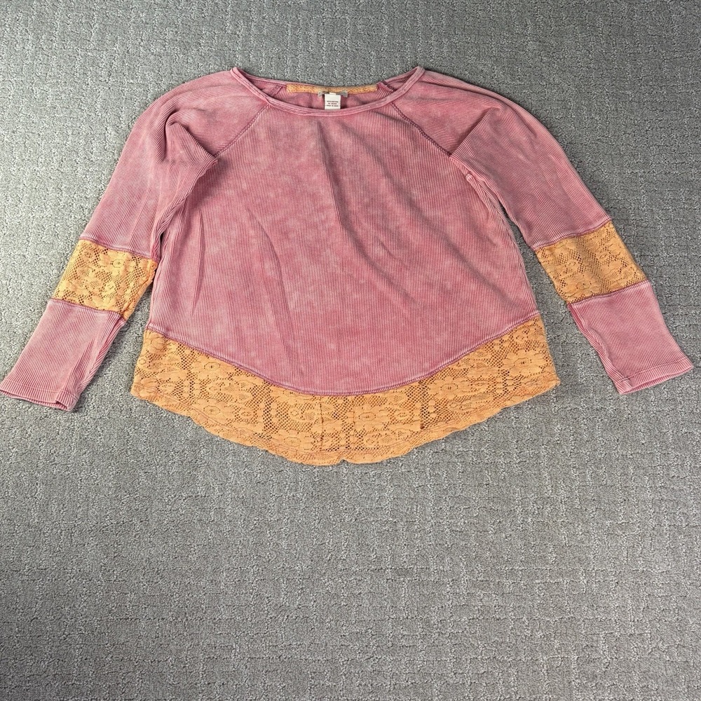 Sundance Boho Waffle Knit Thermal Long Sleeve Top Women's M Pink Orange Lace